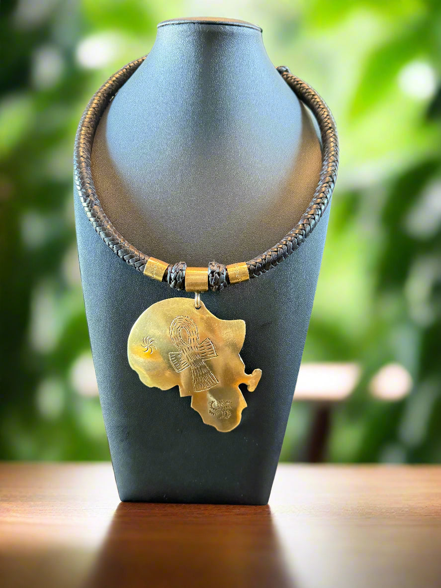 Genuine Black Leather And Brass Oversized Africa With The Anka In The Middle Pendant Necklace