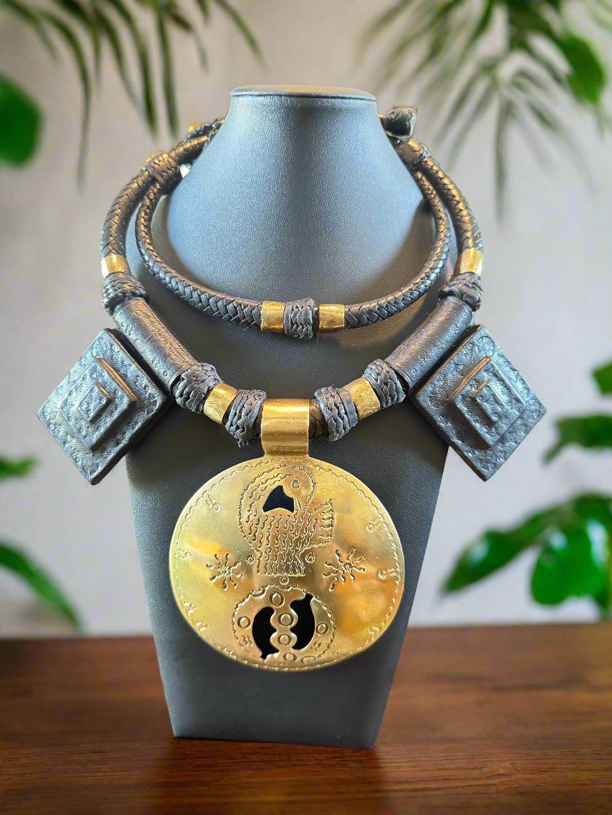 Genuine Black Leather And Brass Oversized Sankofa & Gye Nyame Circle Pendant Necklace