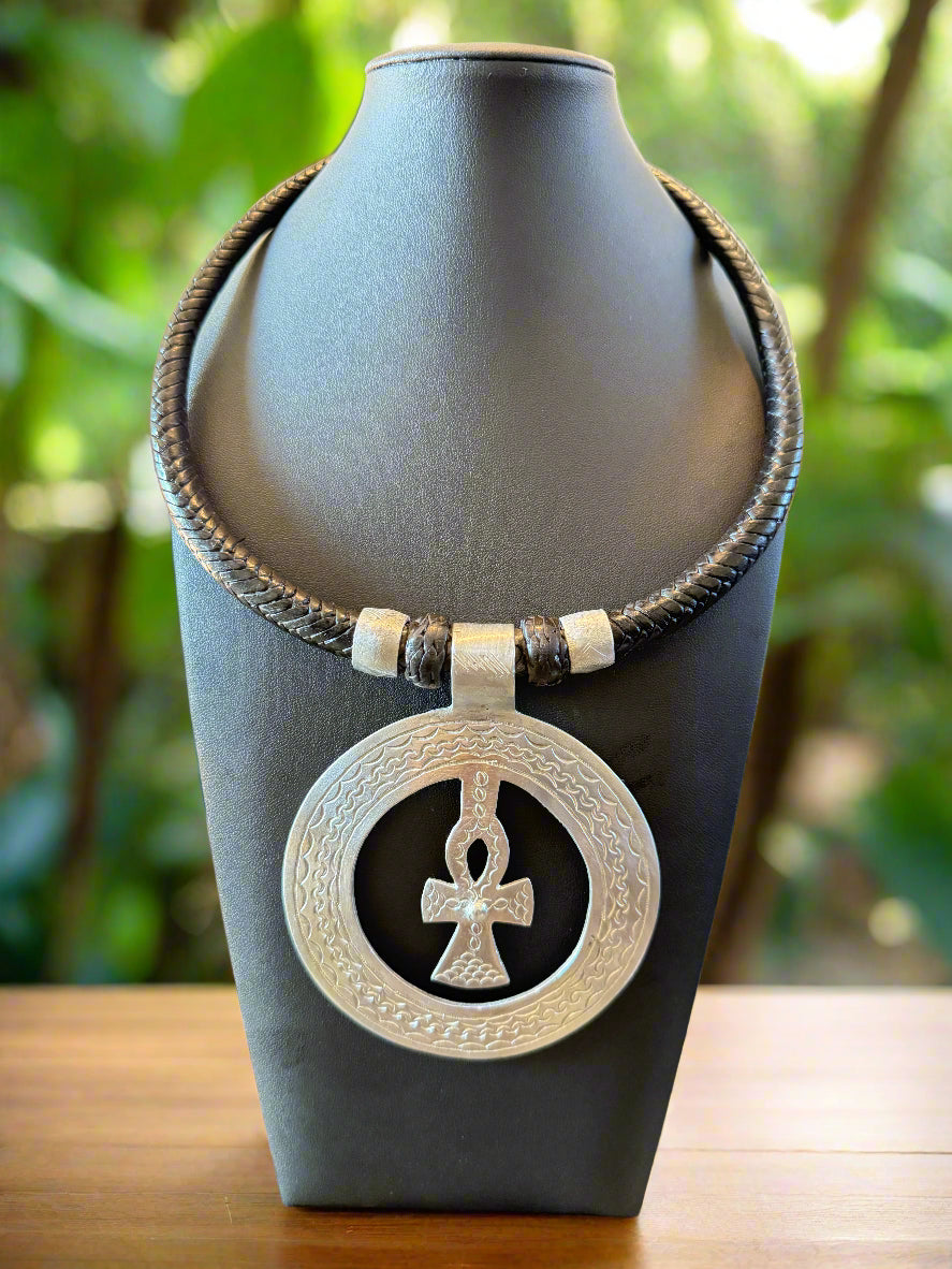 Genuine Black Leather And Silver Oversized Anka In A Circle Pendant Necklace