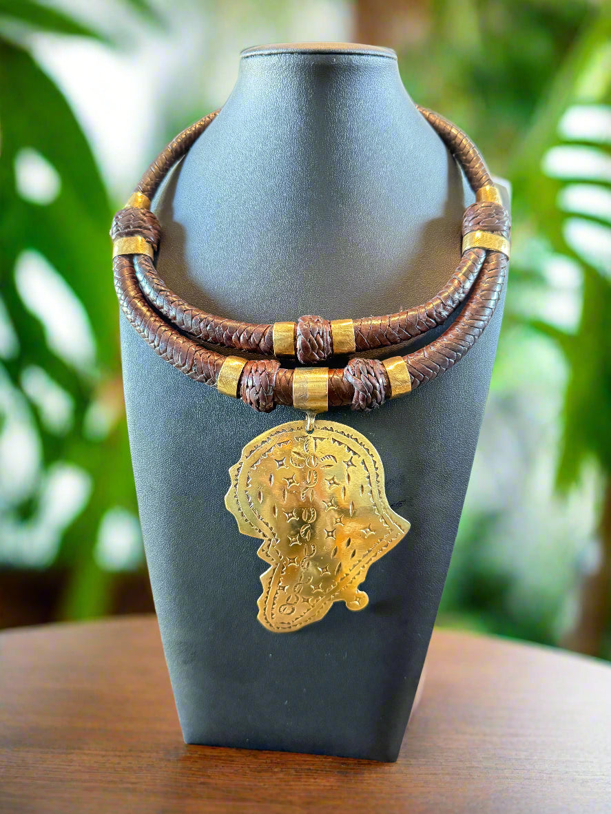 Genuine Brown Leather And Brass Oversized Africa Pendant Necklace