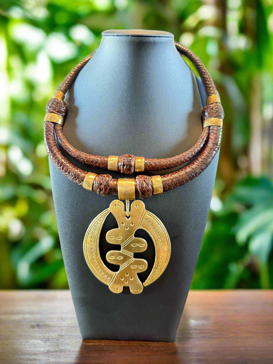 Genuine Brown Leather And Brass Oversized Gye Nyame Pendant Necklace