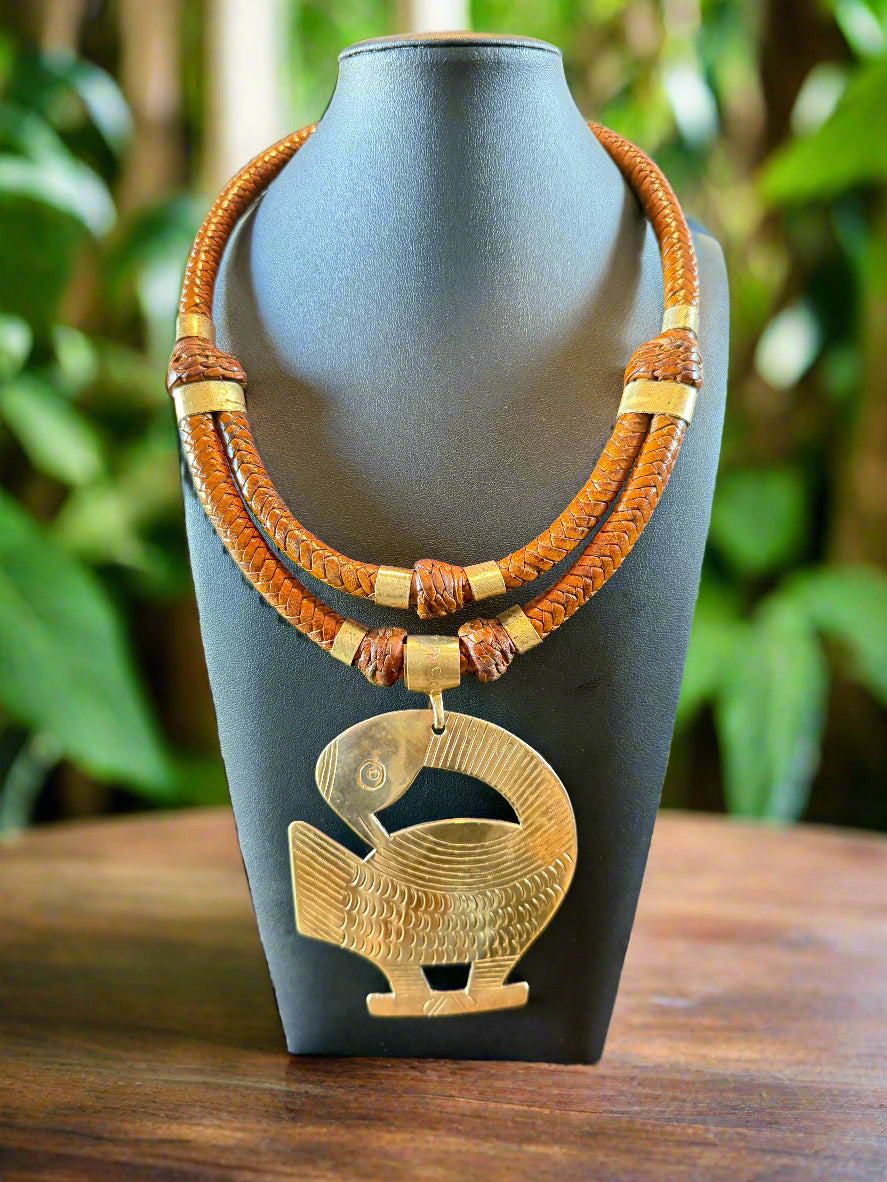 Genuine Brown Leather And Brass Oversized Sankofa Pendant Necklace