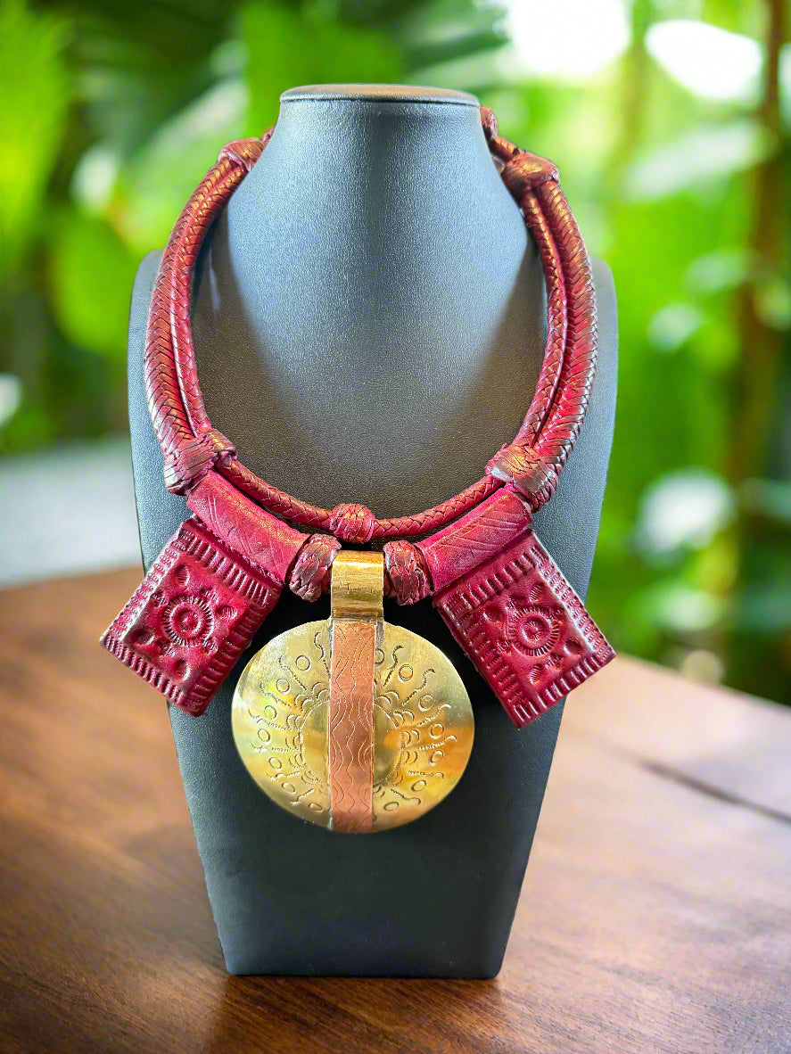 Genuine Burgundy Leather And Brass & Copper Oversized Circle Pendant Necklace
