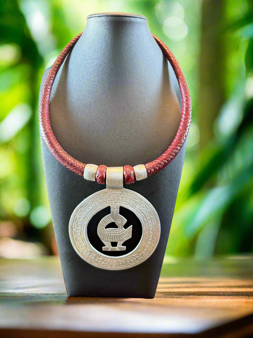 Genuine Burgundy Leather And Silver Oversized Sankofa Circle Pendant Necklace