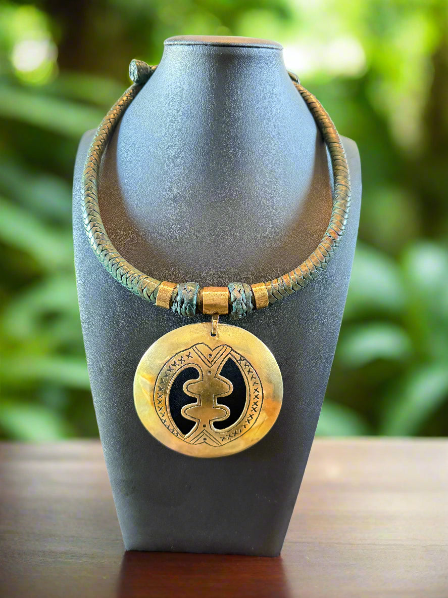 Genuine Green Leather And Brass Oversized Gye Nyame Circle Pendant Necklace