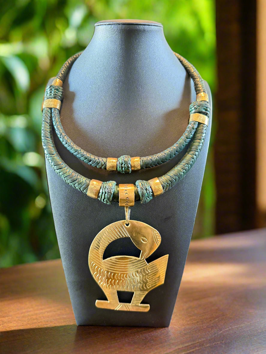 Genuine Green Leather And Brass Oversized Sankofa Pendant Necklace
