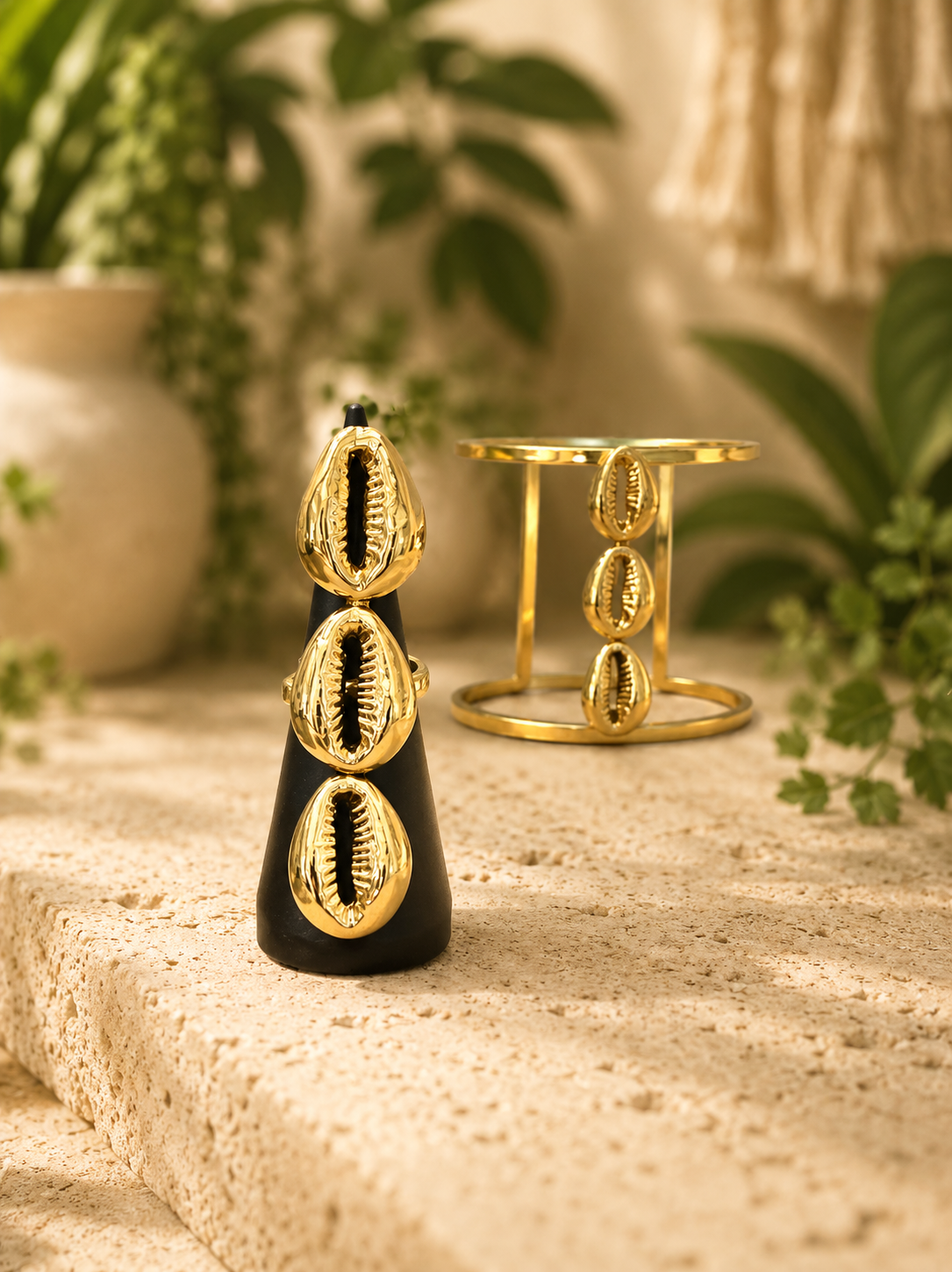 3 Shell Cowrie Shell Brass Ring