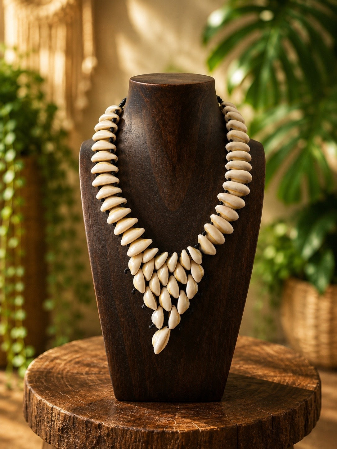 Necklace made of cowrie shell beads on a wooden stand with a blurred natural background