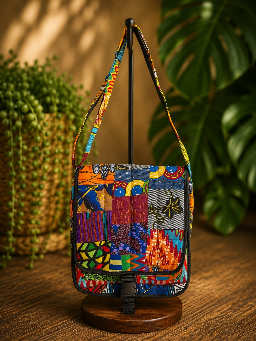 Colorful African ankara print patchwork handbag on a wooden stand with a plant in the background