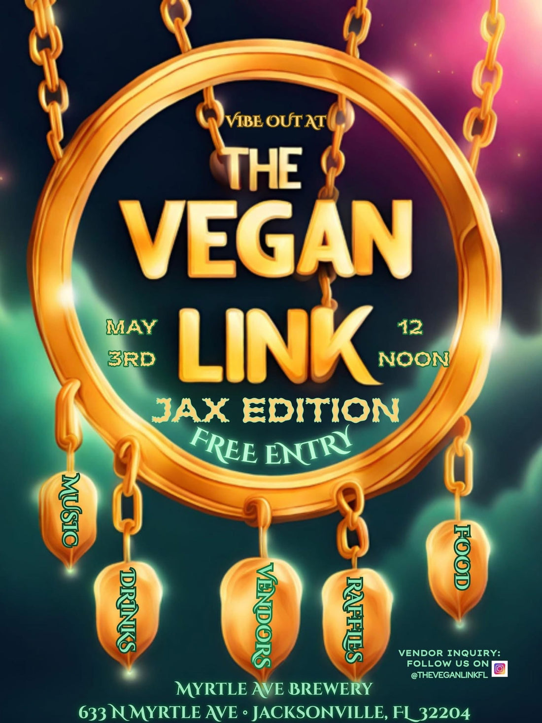 The Vegan Link Jax Edition flyer for May 3rd at 12 PM at Myrtle Ave Brewery in Jacksonville, Florida featuring an all-vegan event with food, desserts, vendors, and live music.