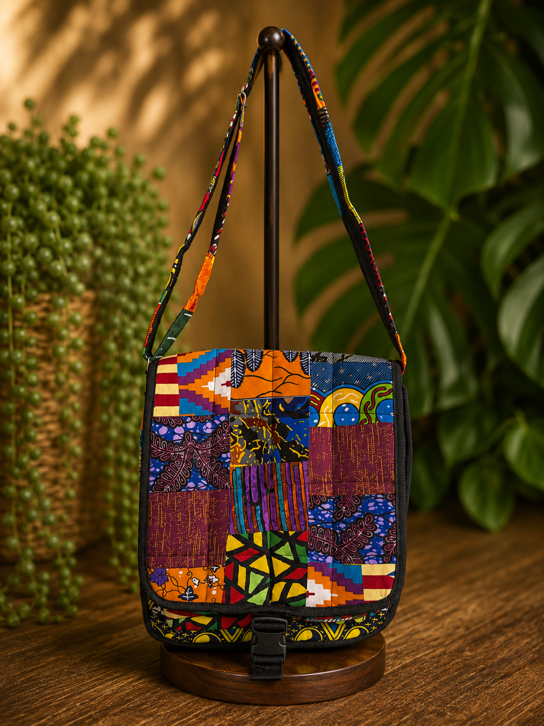 Colorful African ankara print patchwork handbag on a wooden stand with a plant in the background