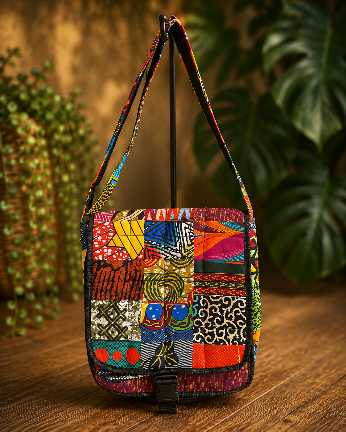 Colorful African ankara print patchwork handbag on a wooden stand with a plant in the background