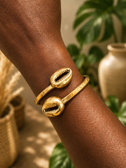 Double Cowrie Shell Brass Bracelet