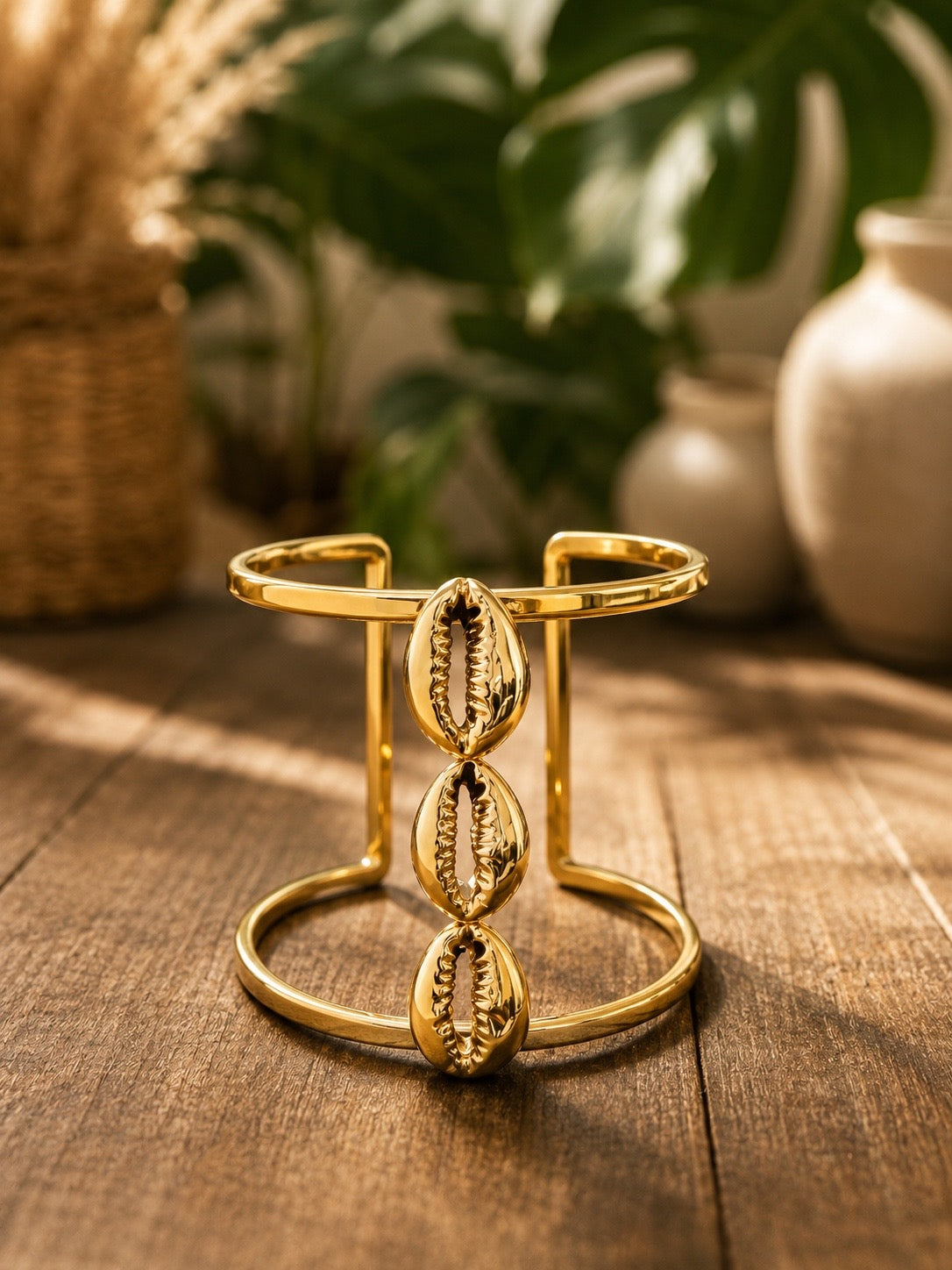 brass cowrie shell bracelet design on a wooden surface