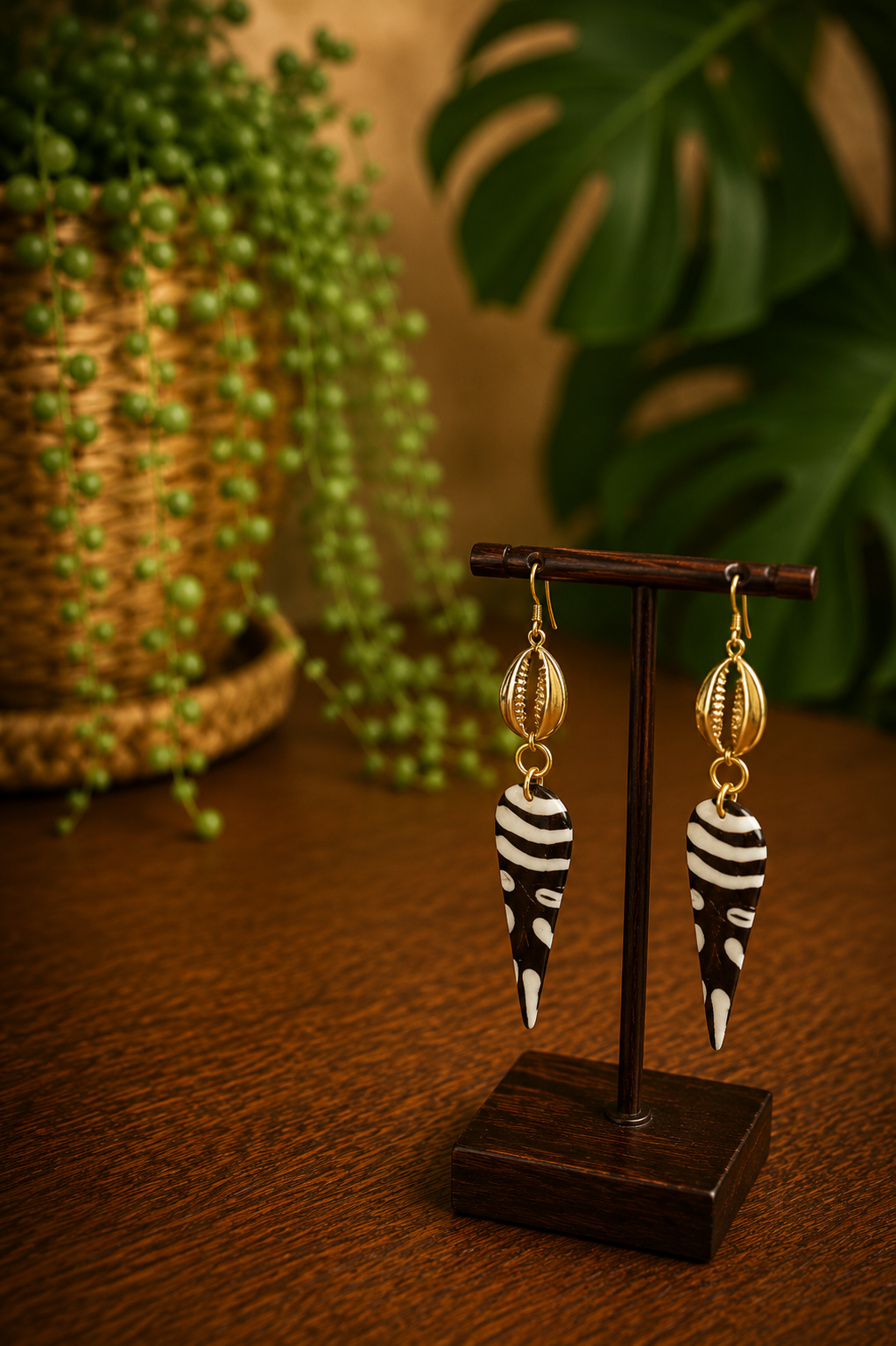 brass and bone cowrie shell earrings on a wooden bust and stand with a blurred plant background