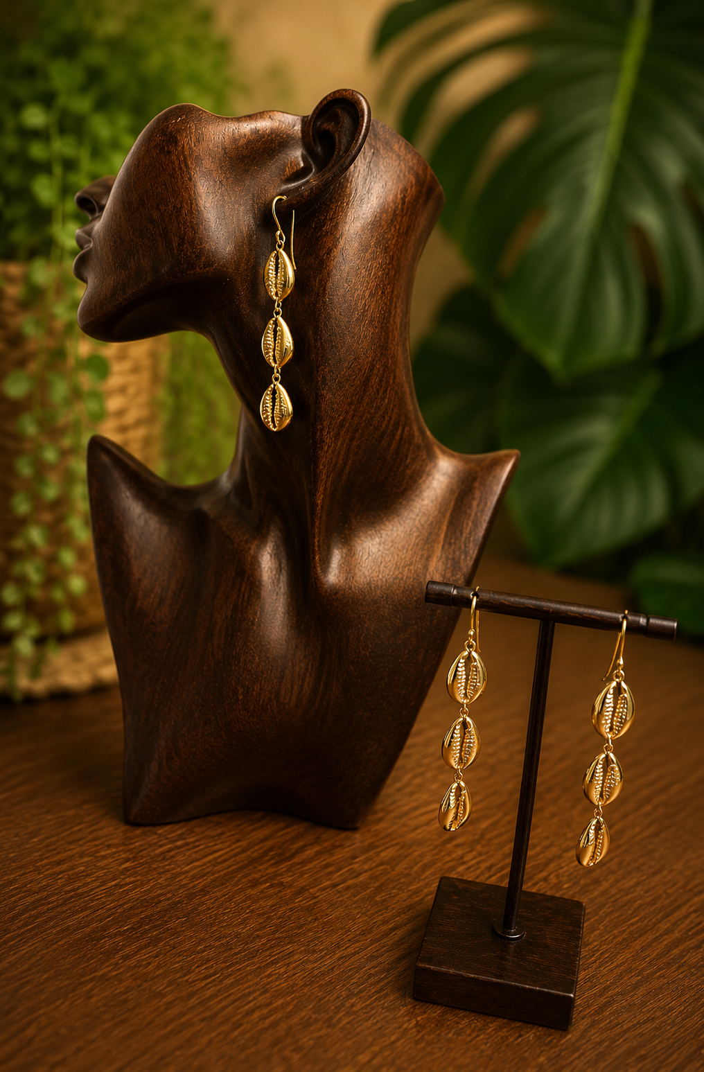 brass cowrie shell earrings on a wooden bust and stand with a blurred plant background