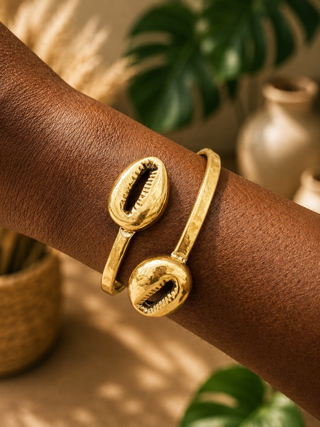 Double Cowrie Shell Brass Bracelet