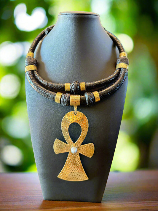Genuine Black Leather And Brass Oversized  Anka Pendant Necklace  