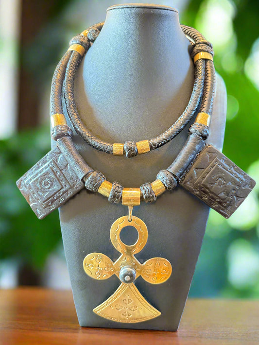Genuine Black Leather And Brass Oversized  Anka With Leather Accents Pendant Necklace  