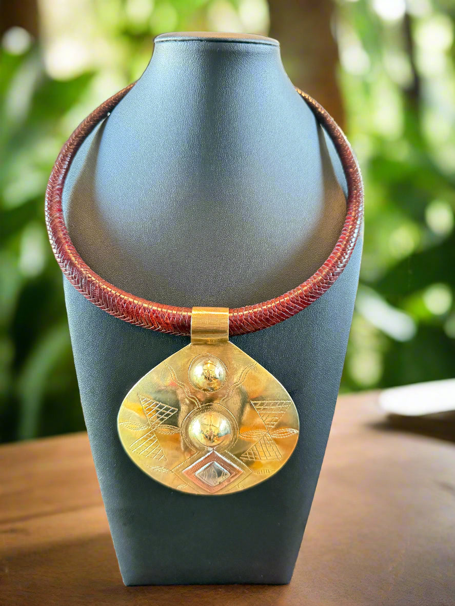 Genuine Burgundy Leather And Brass, Copper & Silver Oversized Oval Pendant Necklace  