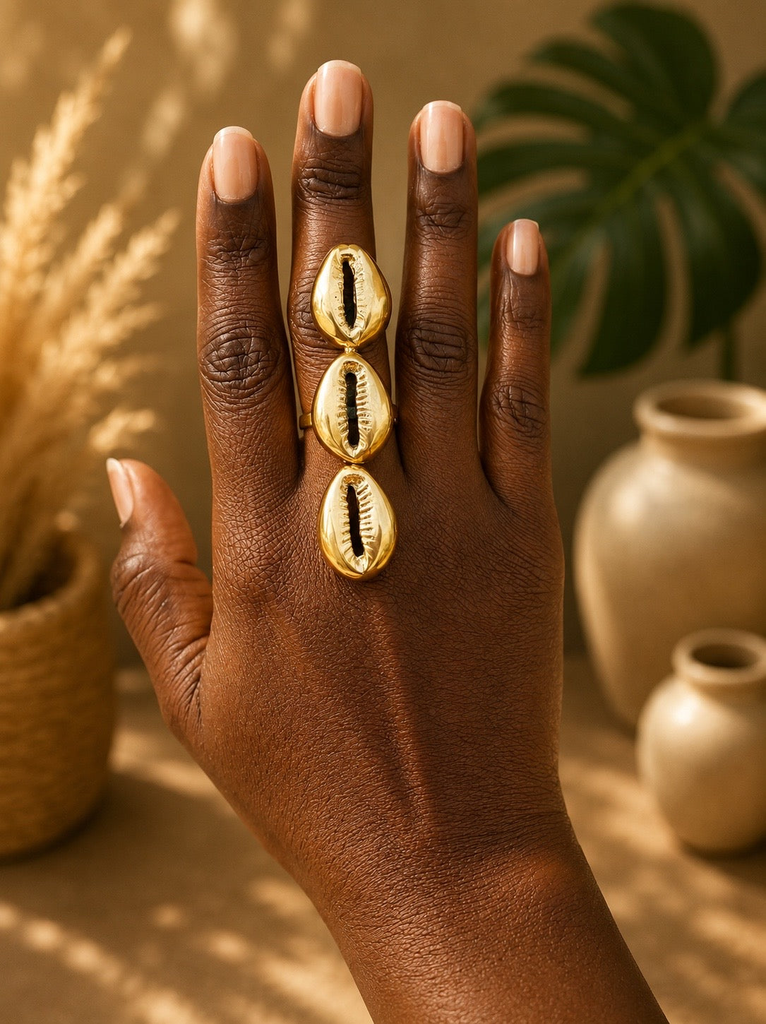 3 Shell Cowrie Shell Brass Ring