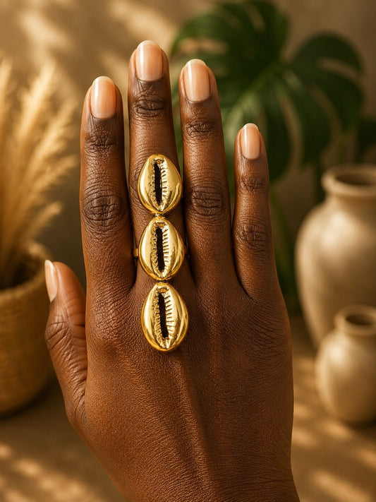 3 Shell Cowrie Shell Brass Ring