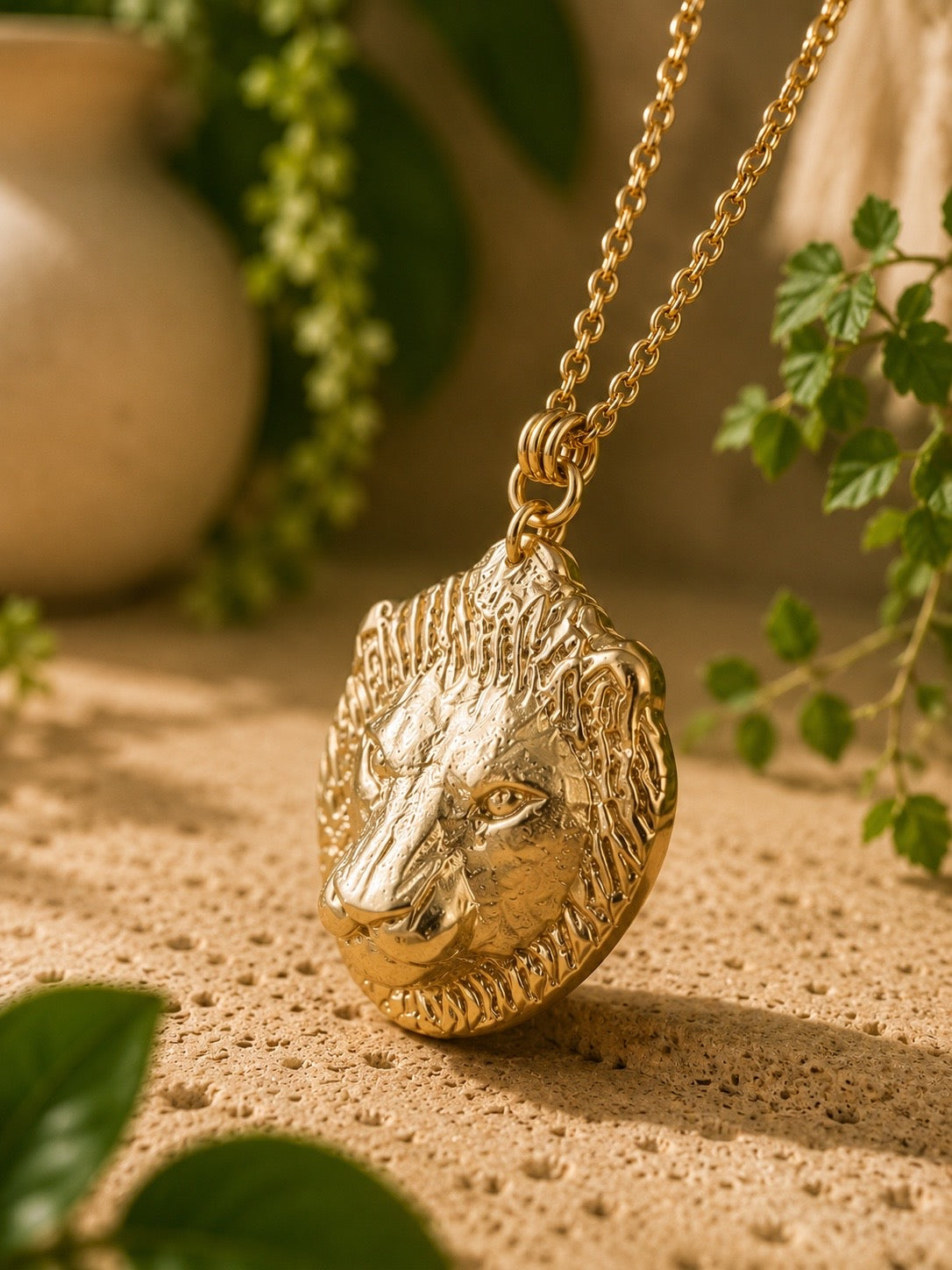 brass lion head necklace on a textured surface with greenery