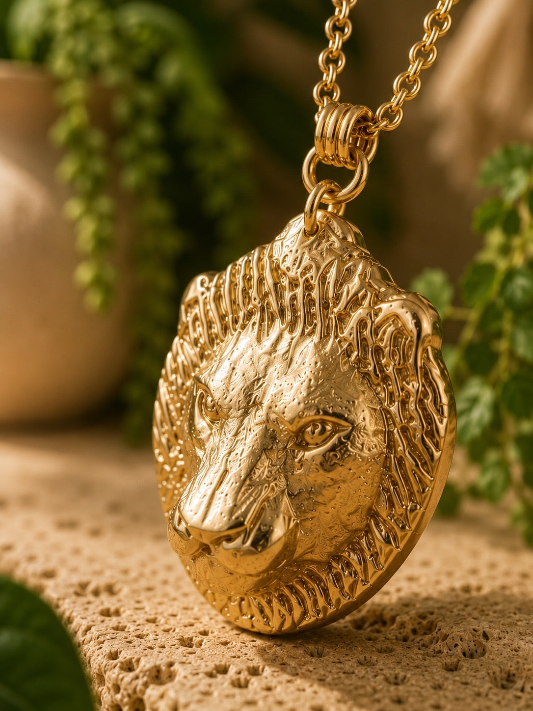 brass lion head pendant on a chain with a natural background