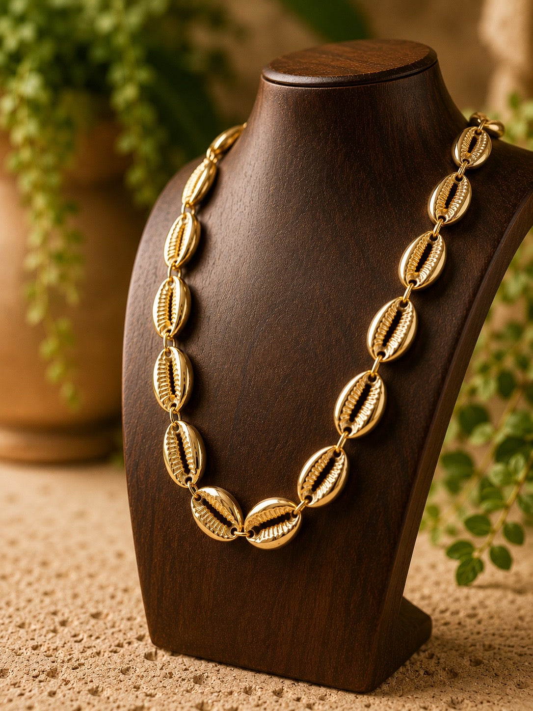 brass cowrie shell necklace on a wooden bust  with a blurred plant background