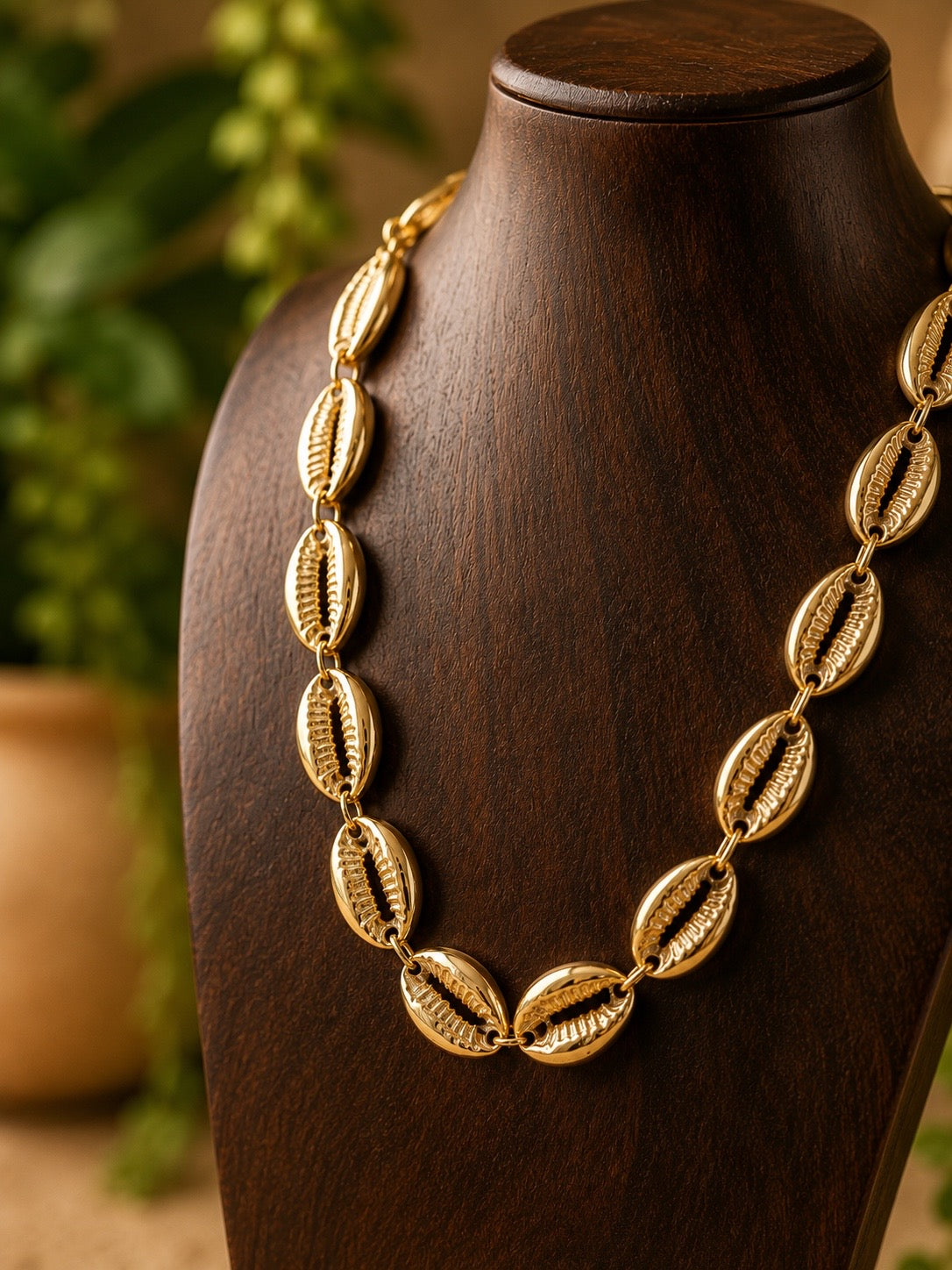 brass cowrie shell necklace on a wooden bust  with a blurred plant background