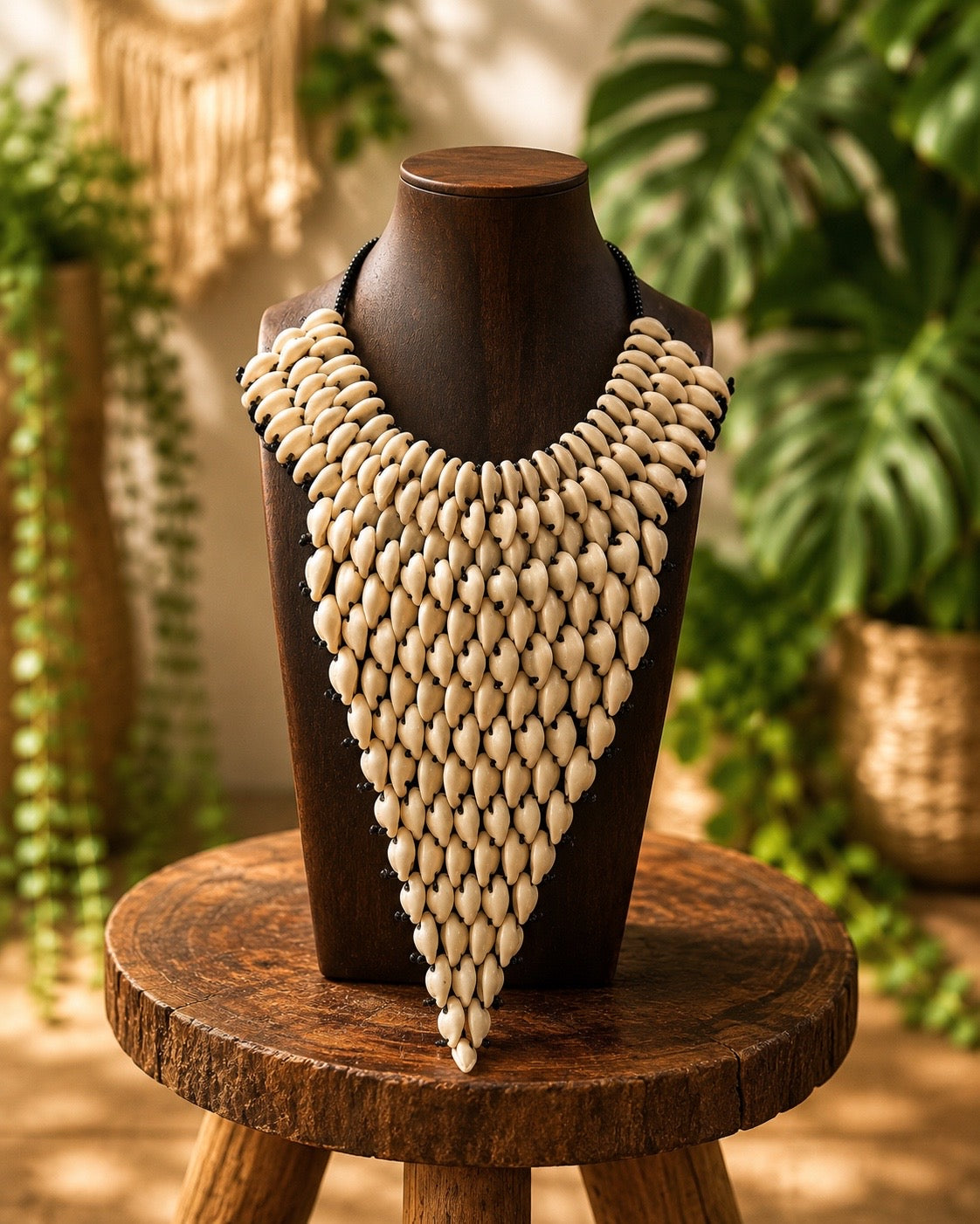 Necklace made of cowrie shell beads on a wooden stand with a blurred natural background