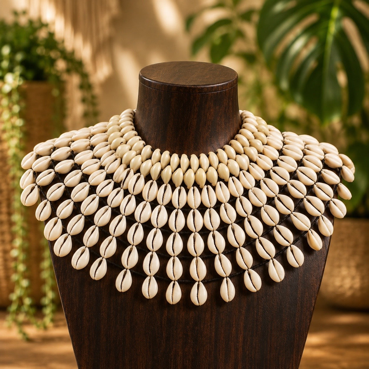 Necklace made of cowrie shell beads on a wooden stand with a blurred natural background