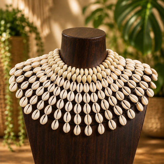 Necklace made of cowrie shell beads on a wooden stand with a blurred natural background