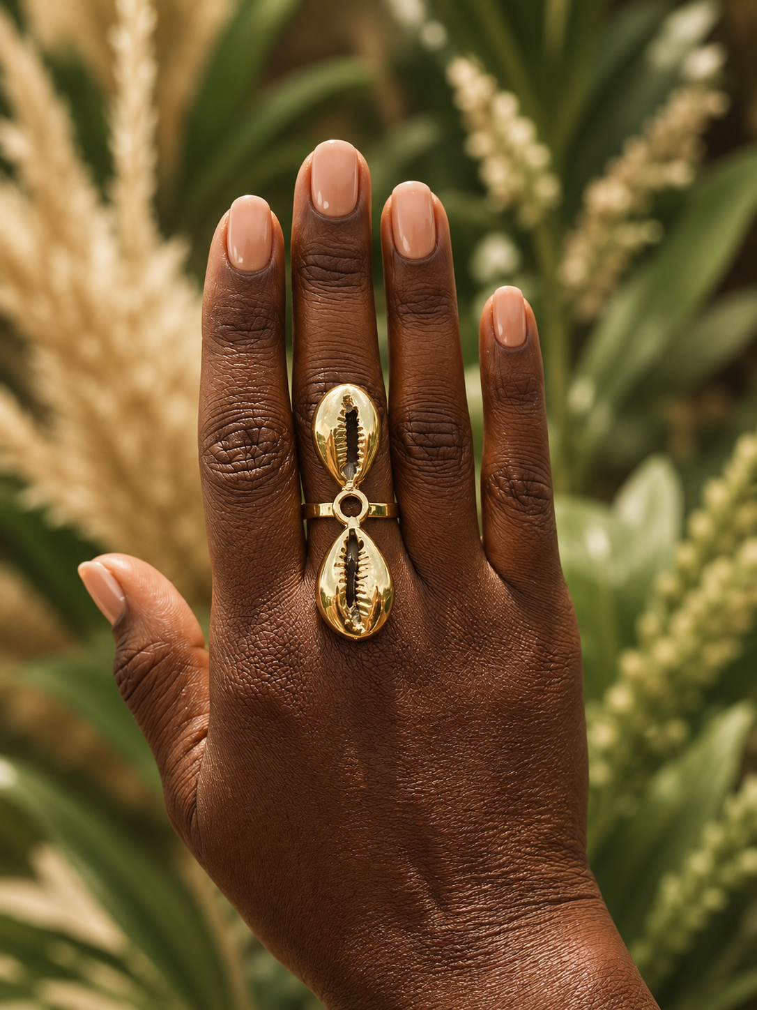 Double Cowrie Shell Brass Ring