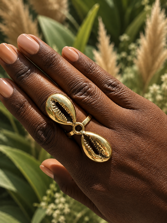 Double Cowrie Shell Brass Ring