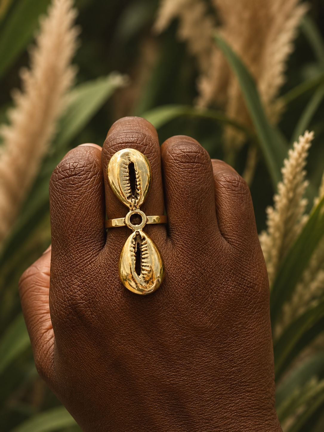 Double Cowrie Shell Brass Ring