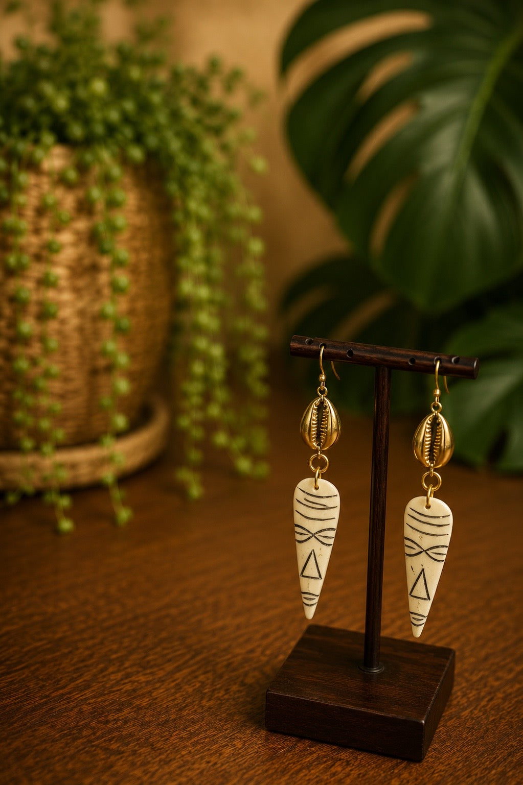 brass and bone cowrie shell earrings on a wooden bust and stand with a blurred plant background