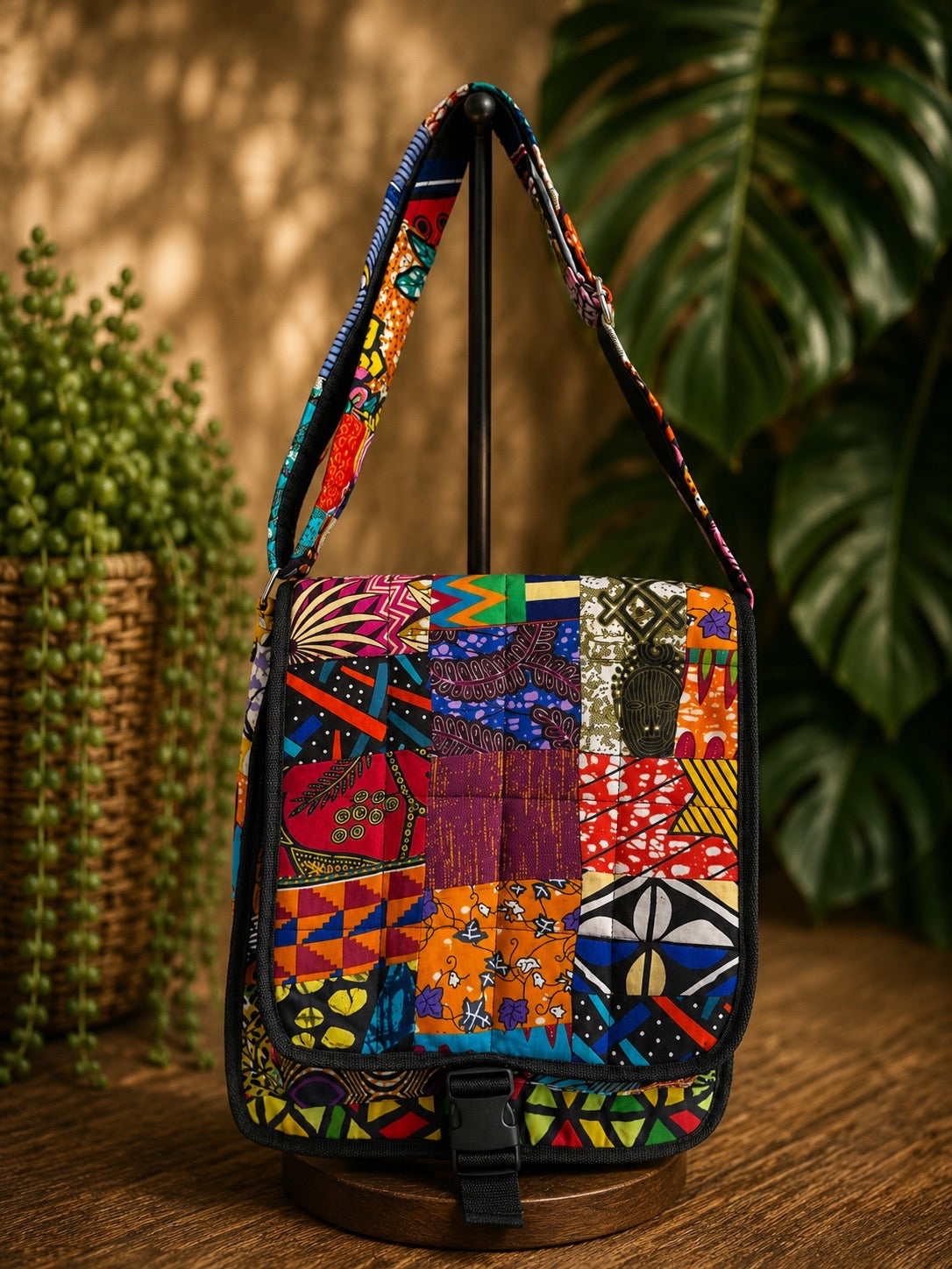 Colorful African ankara print patchwork handbag on a wooden stand with a plant in the background