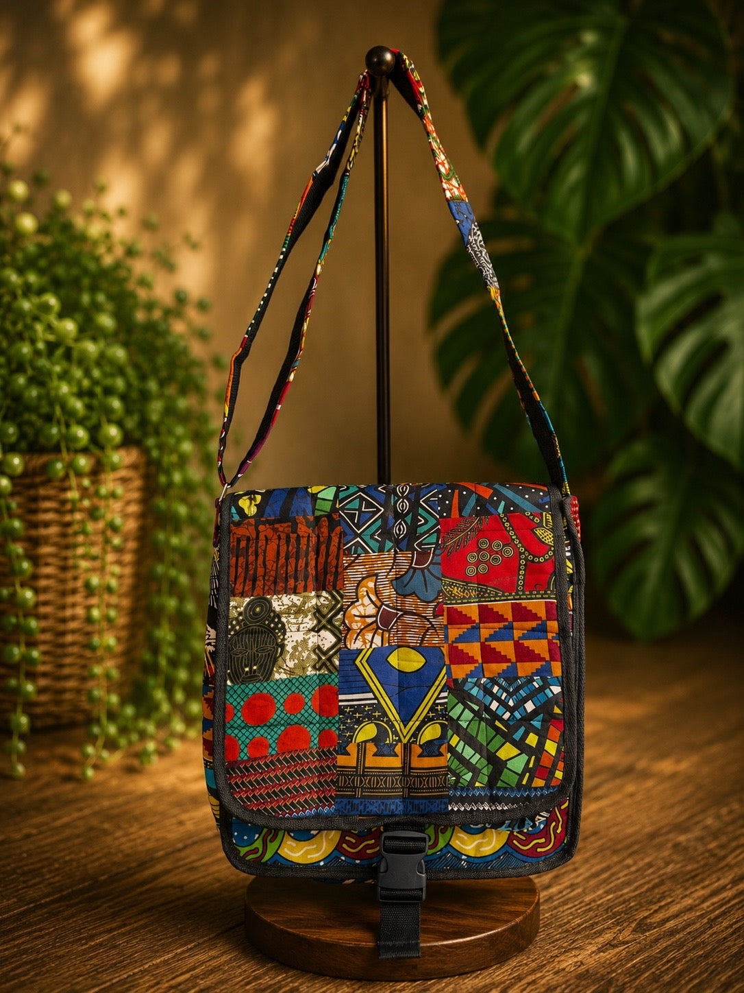 Colorful African ankara print patchwork handbag on a wooden stand with a plant in the background