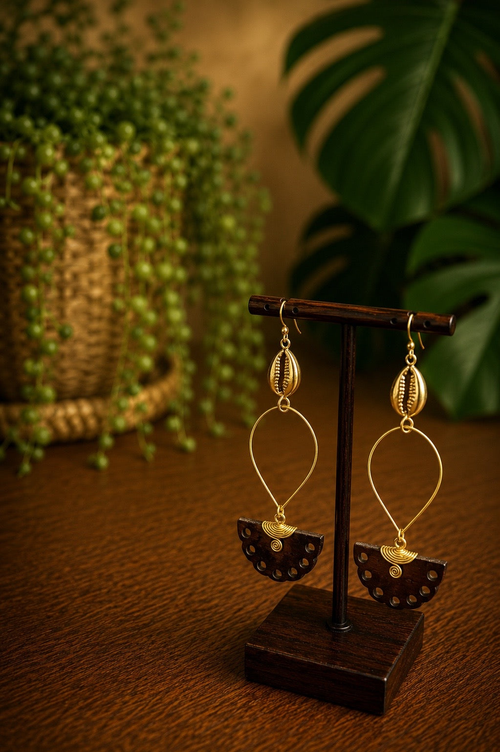 brass and bone cowrie shell earrings on a wooden bust and stand with a blurred plant background