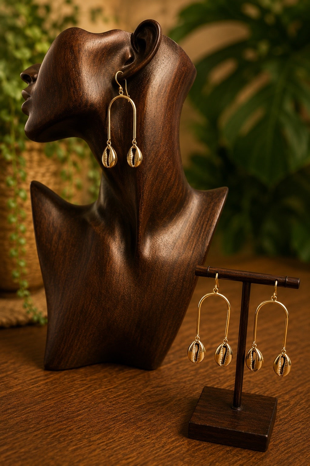 brass cowrie shell earrings on a wooden bust and stand with a blurred plant background