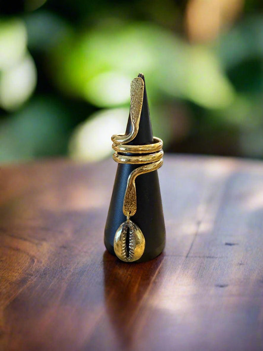 Spiral Cowrie Shell Brass Ring – Adjustable Handcrafted Statement Jewelry - ONYX MODE